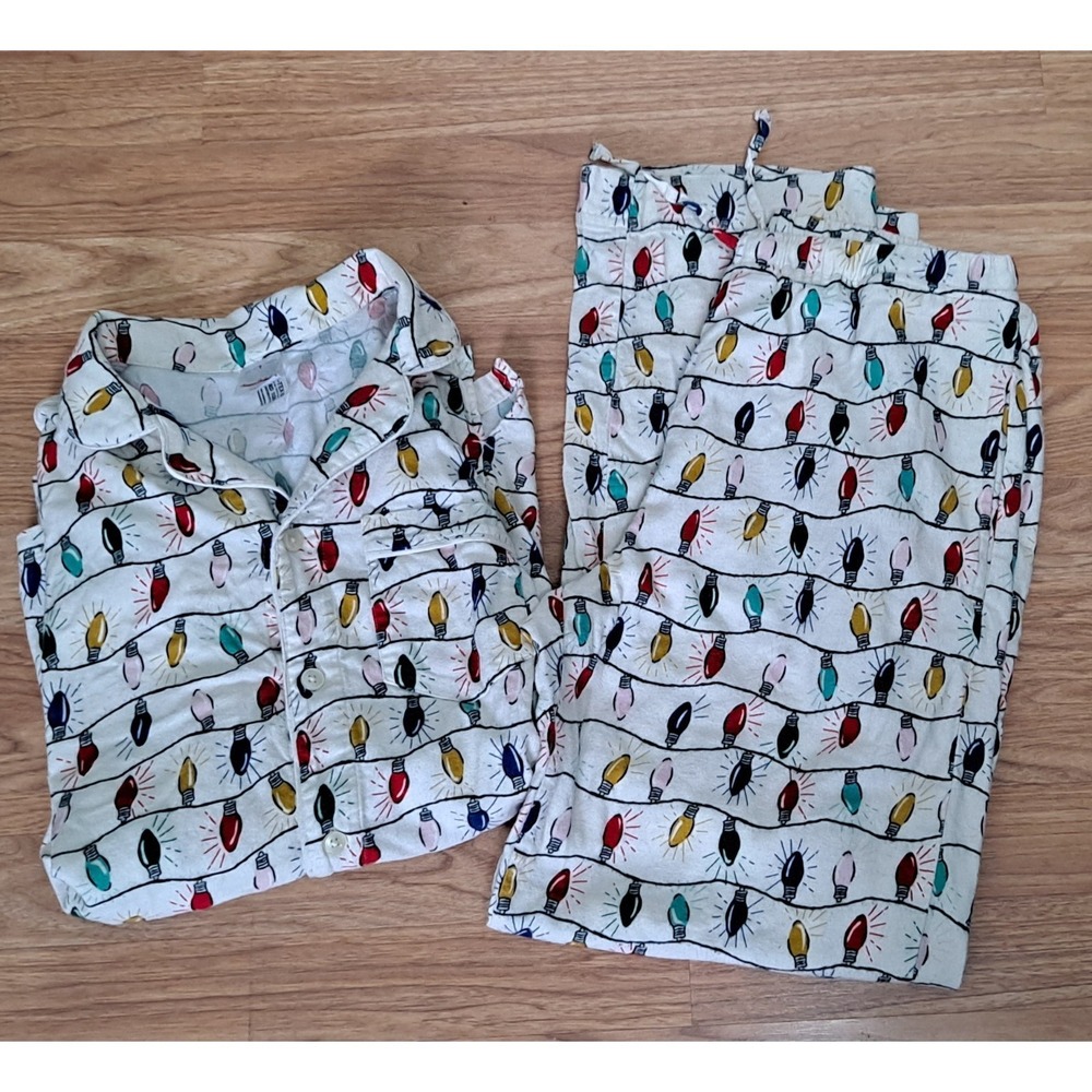 Hanna Anderson Christmas Lights Button Up Flannel Pajamas Women's Small